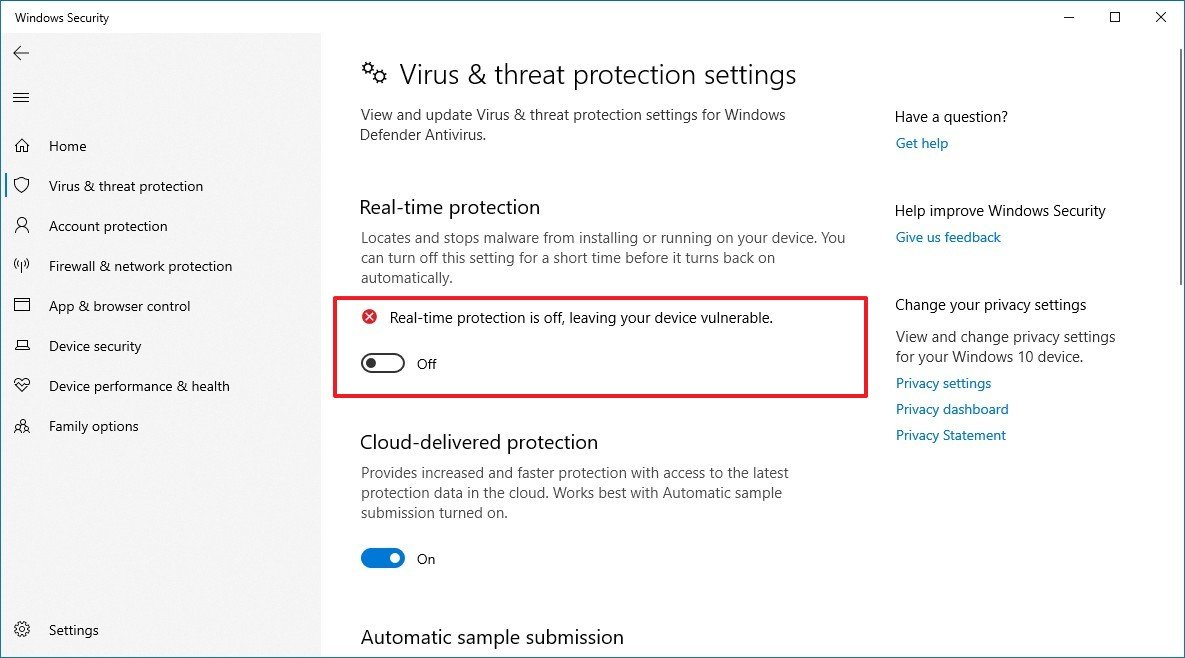 Windows Defender Antivirus disable option
