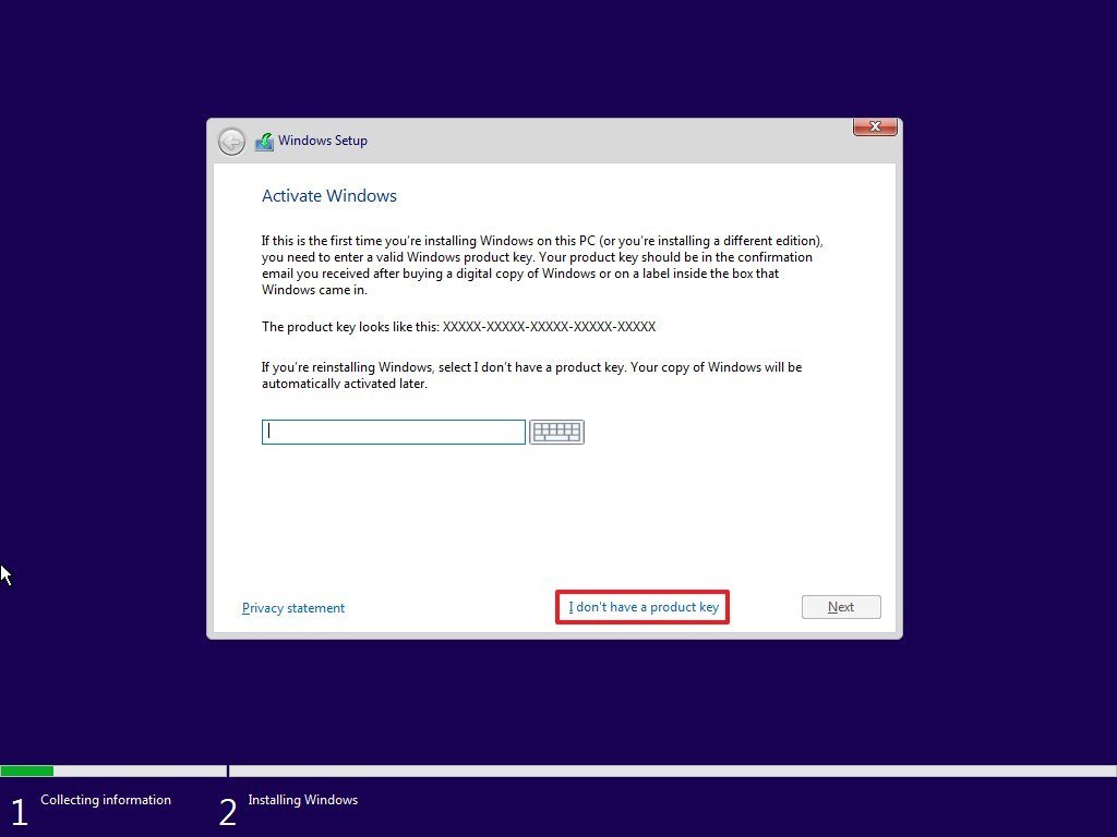 Windows 10 product key option