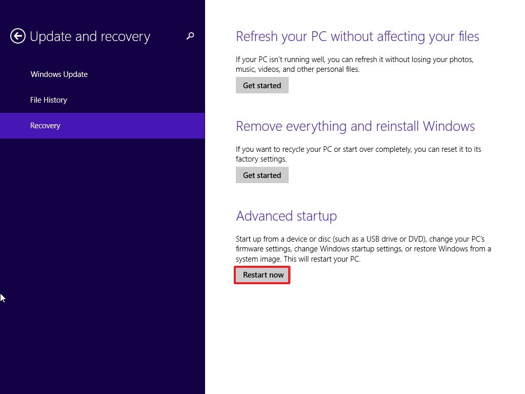 Advanced settings Windows 8