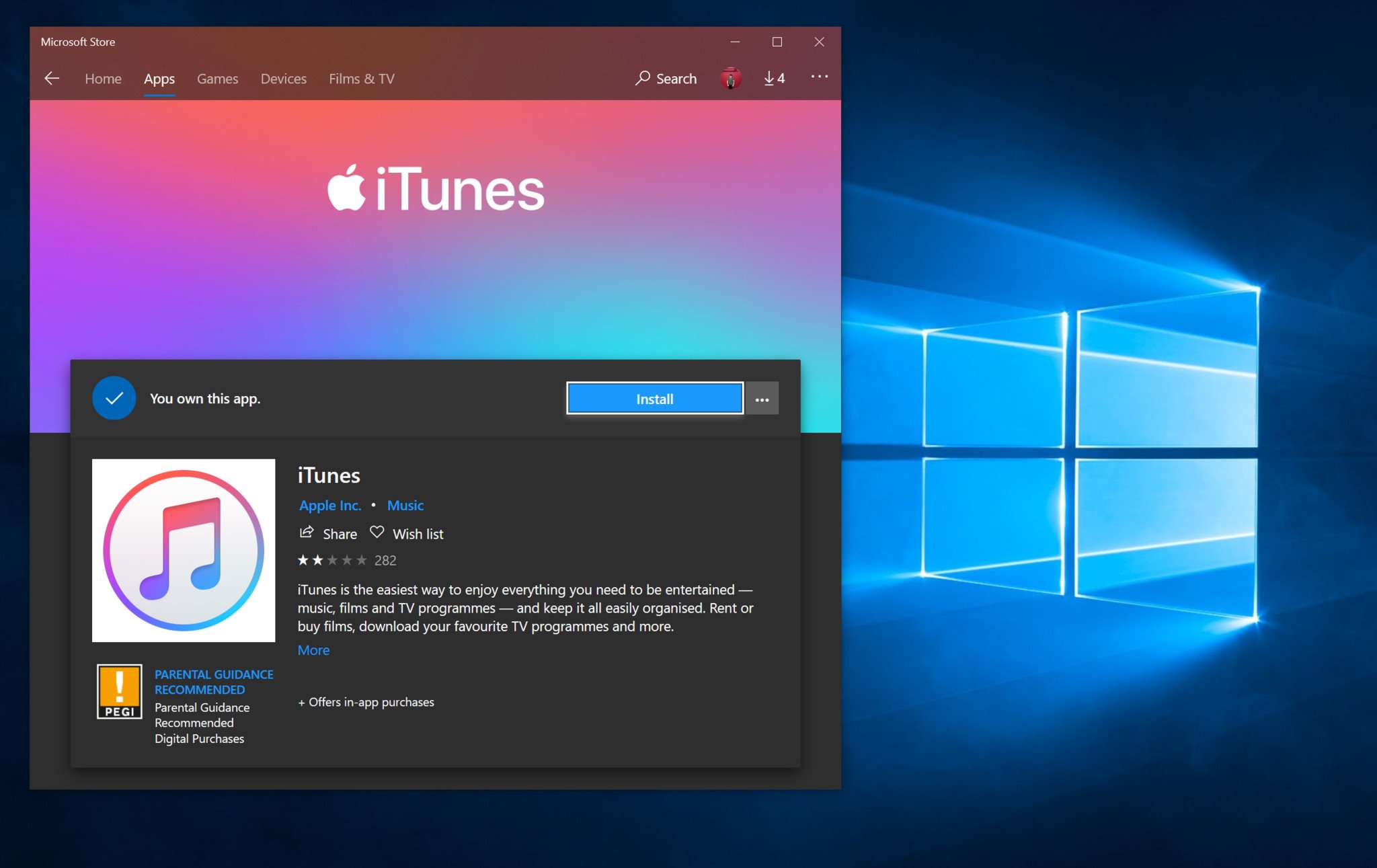 Download iTunes from the Windows 10 Microsoft Store.
