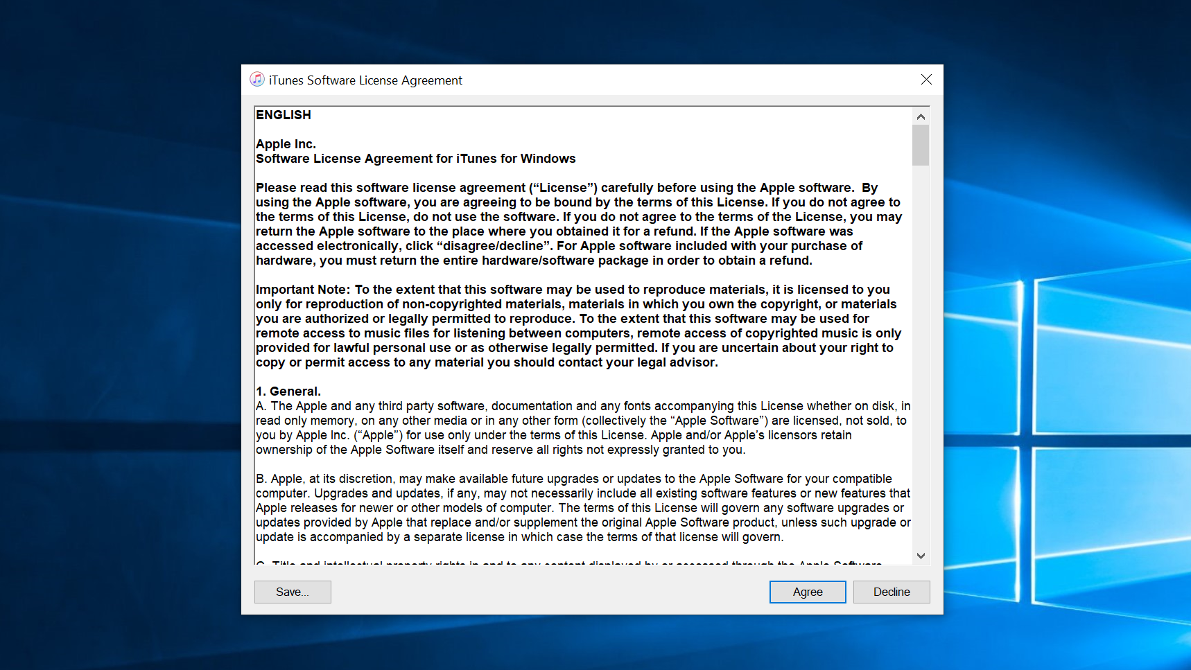 Agree to the iTunes Software License Agreement.