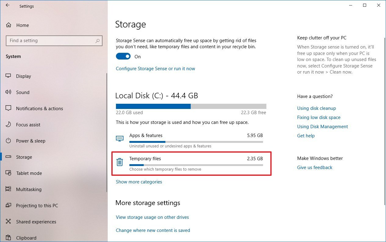 Windows 10 Storage settings, Temporary files option