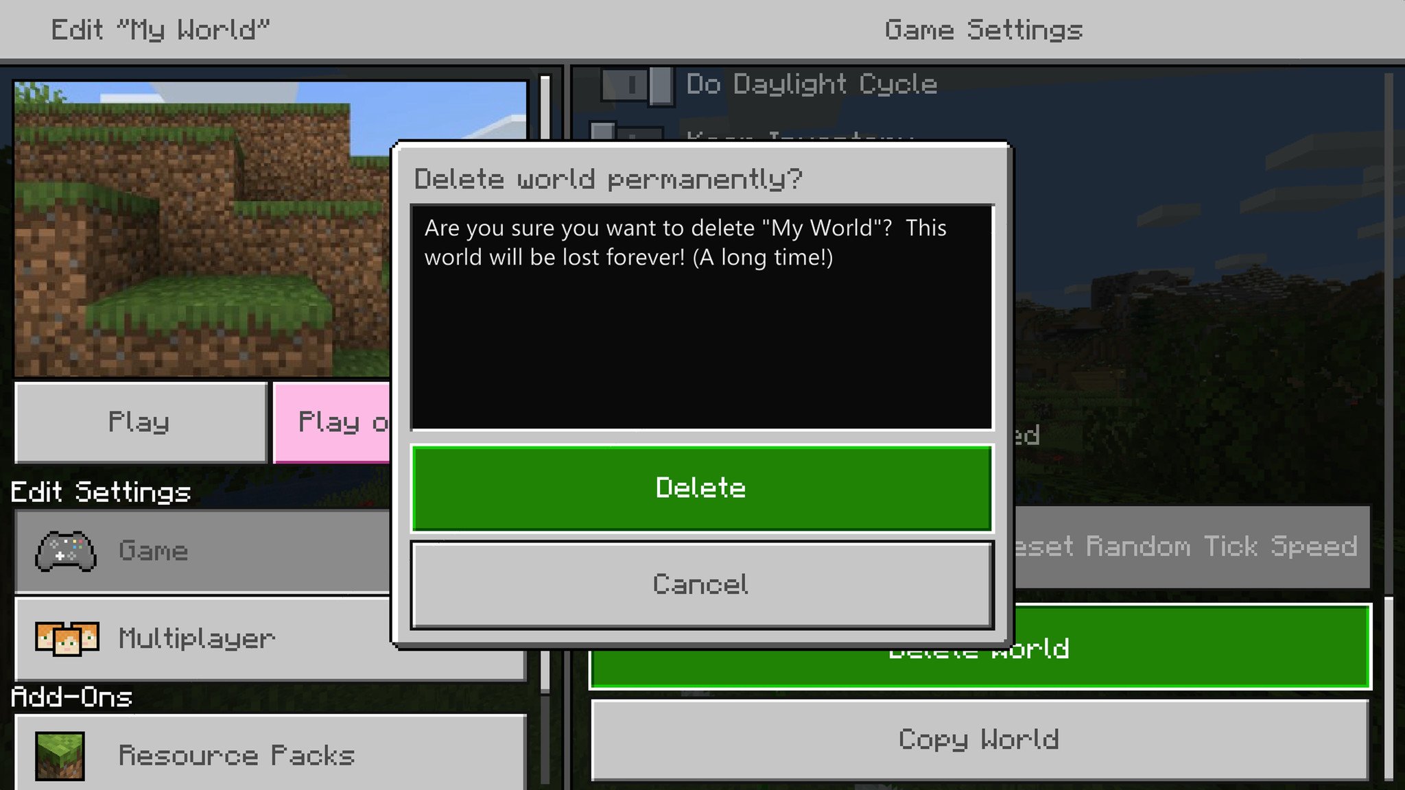 Minecraft "Delete" confirmation