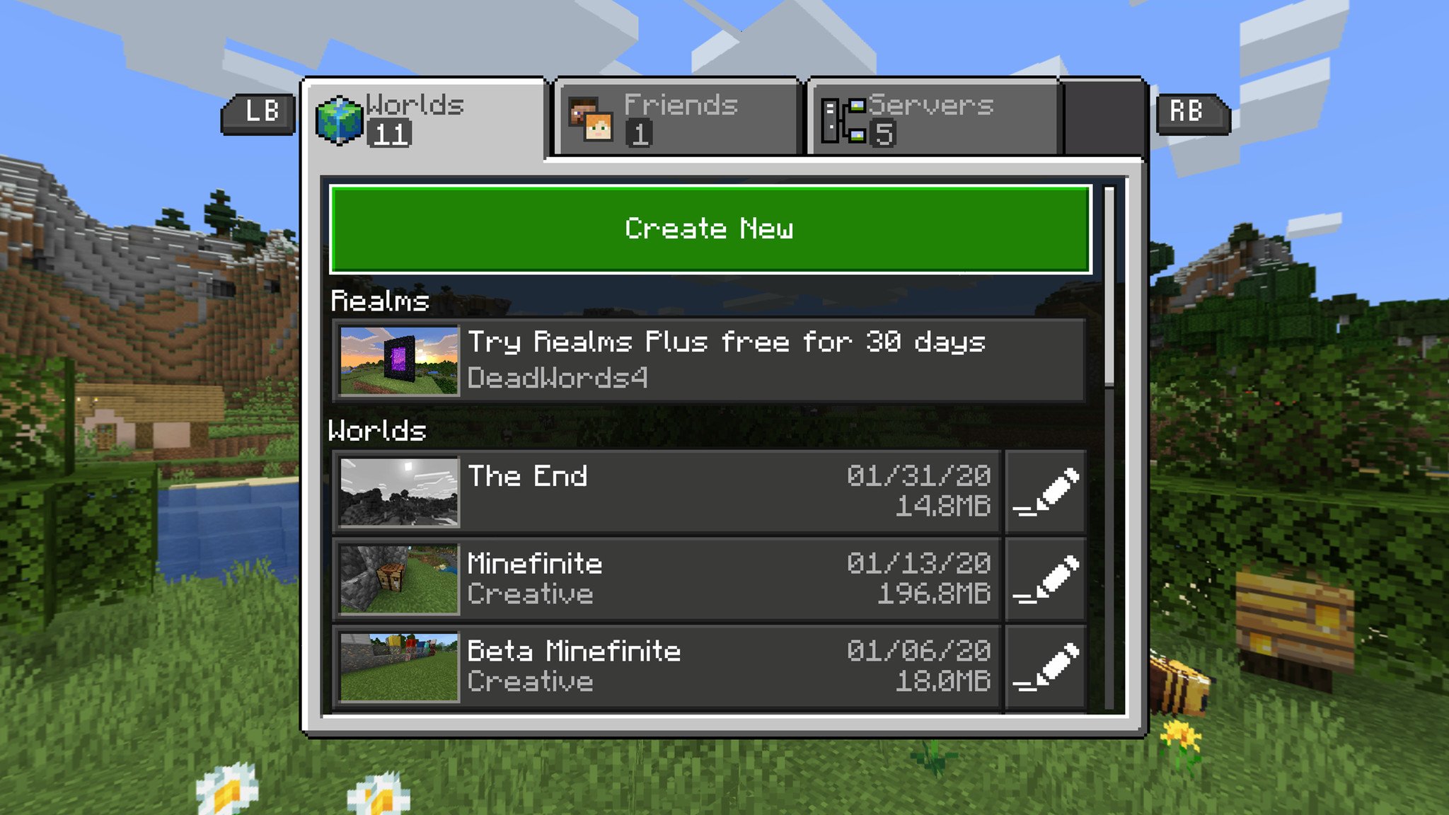 Minecraft "Create New" button