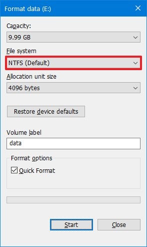 Windows 10 NTFS format option