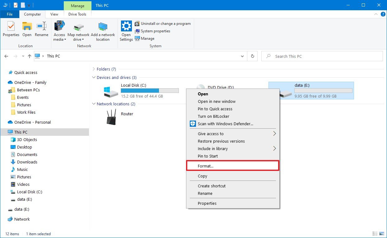 Windows 10 format drive option
