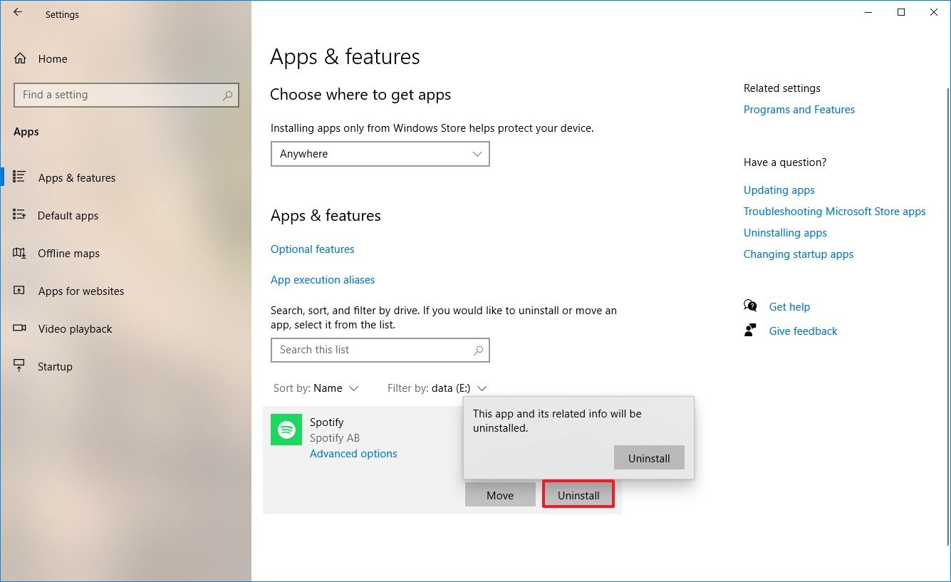 Windows 10 uninstall app option