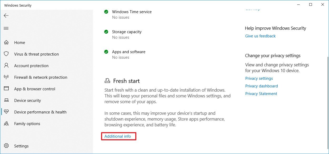 Windows Security Fresh Start option