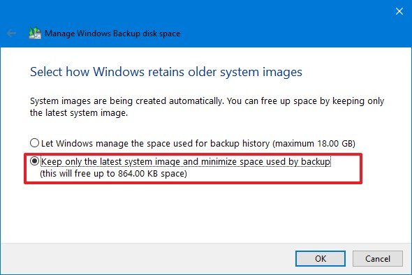 Windows 10 backup retention settings