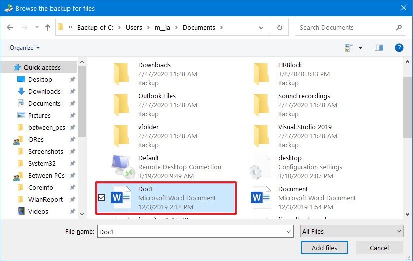 Windows 10 backup select files to recover