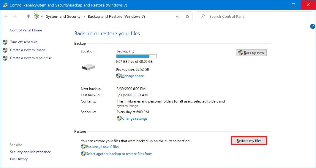Windows 10 backup restore my files option