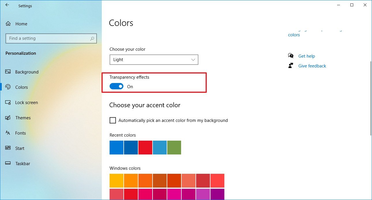 Windows 10 transparency effect option