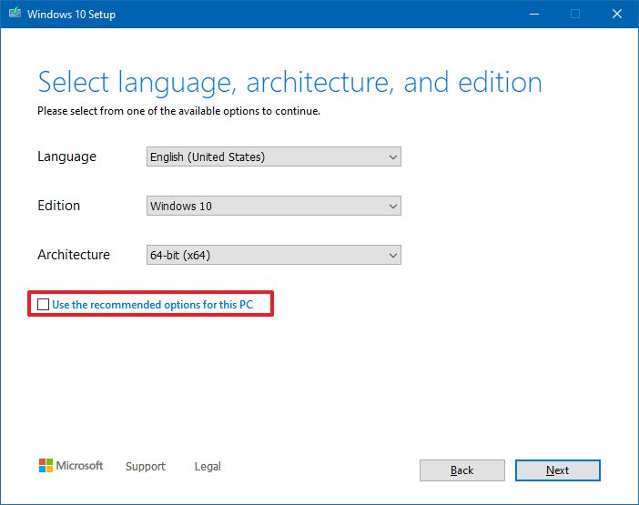 Change architecture settings of Windows 10