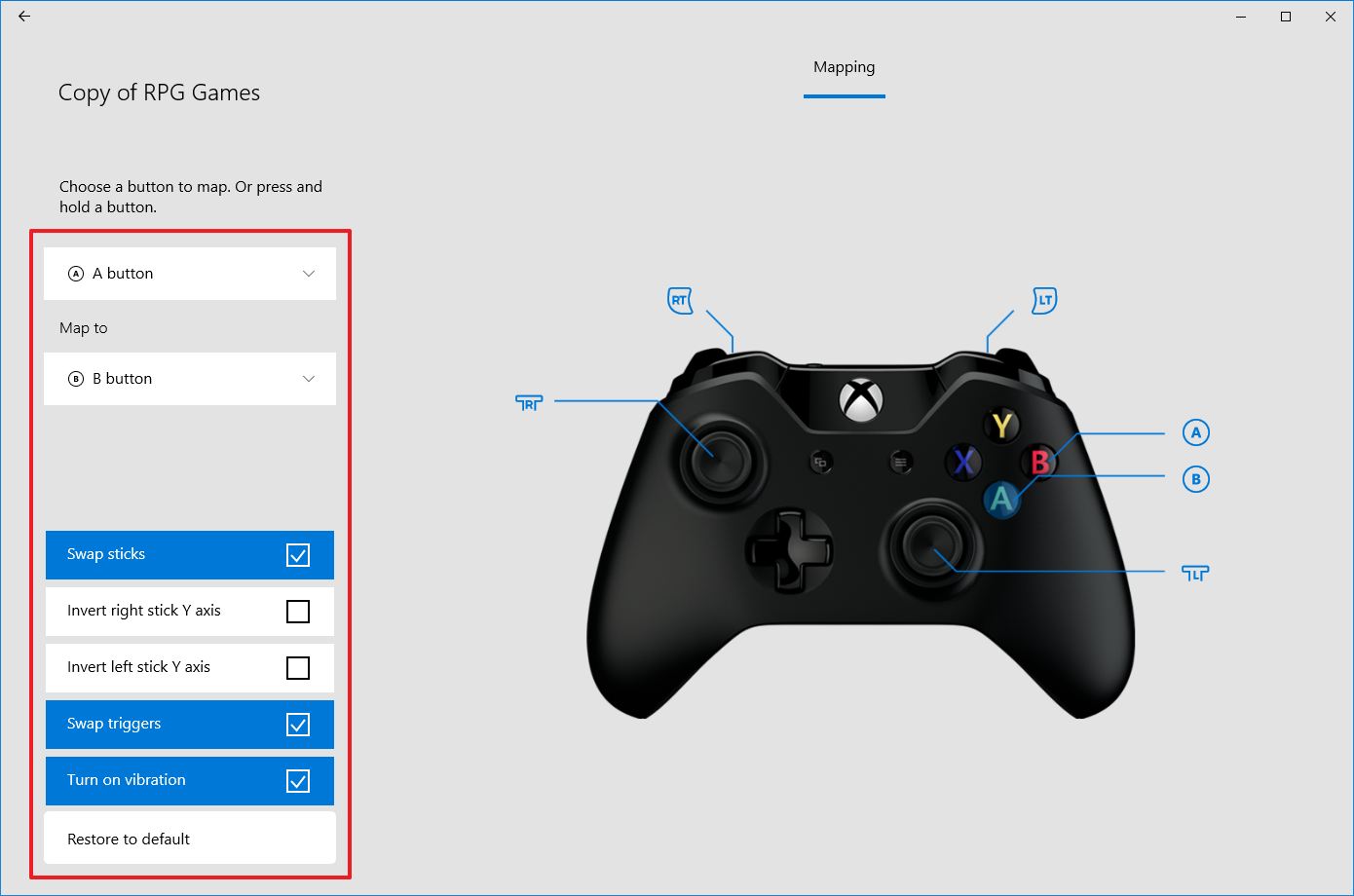 Remap Xbox One controller buttons on custom profile