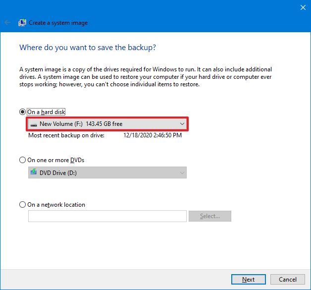 Windows 10 select backup destination