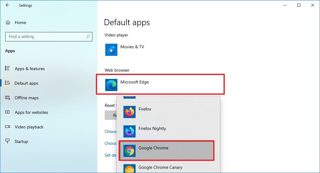 Windows 10 settings select default browser