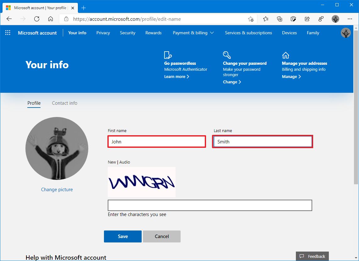Windows 10 change account name online