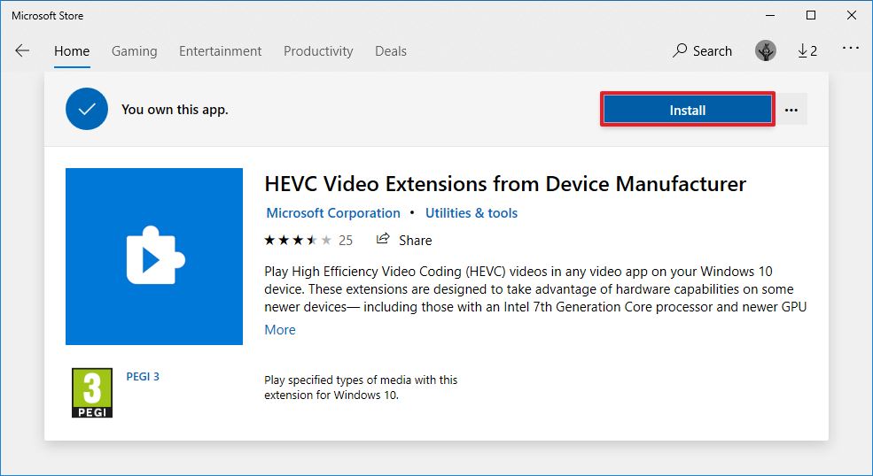 Install free version of HEVC codec