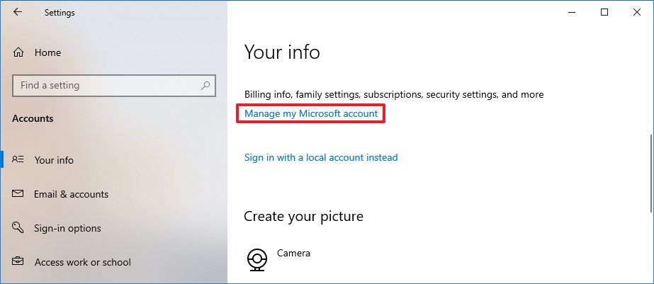 Manage my Microsoft account option