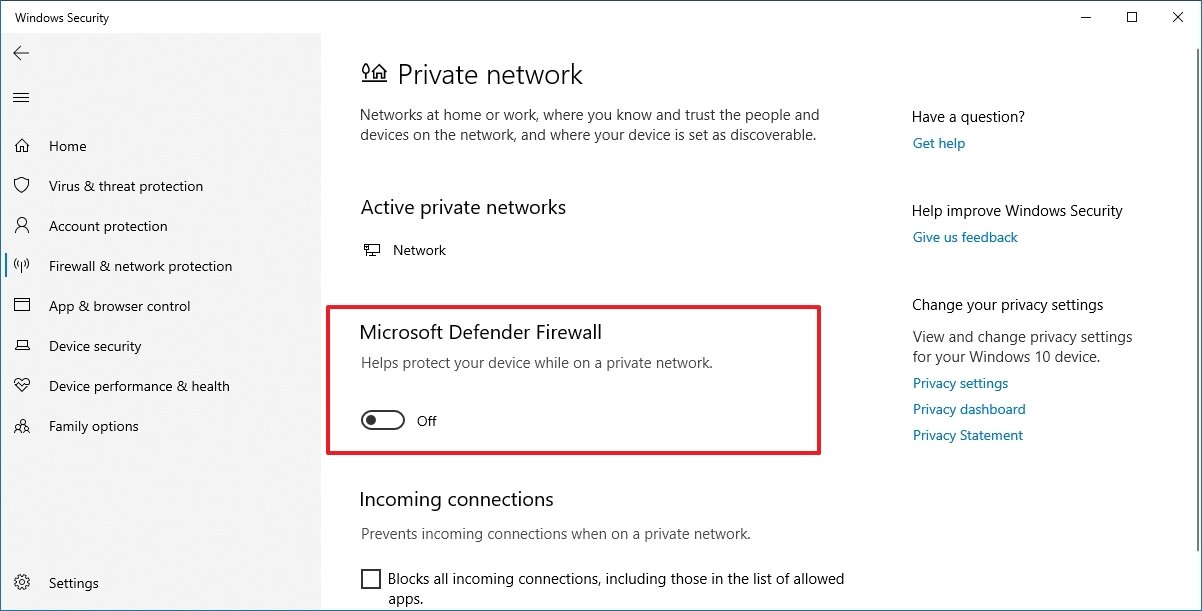 Microsoft Defender Firewall disable option