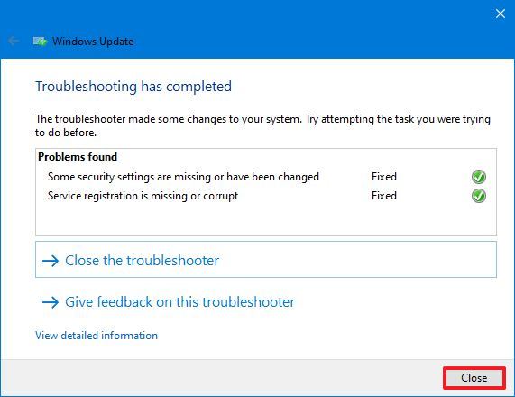 Windows Update troubleshooter complete