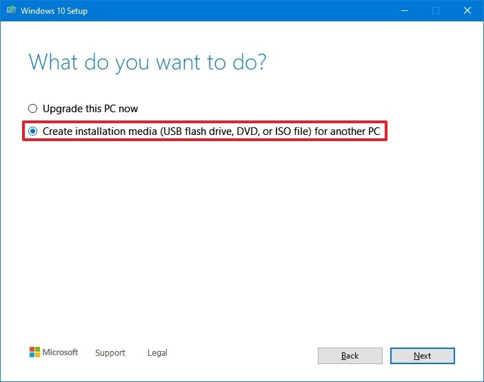 Create installation media for another PC option