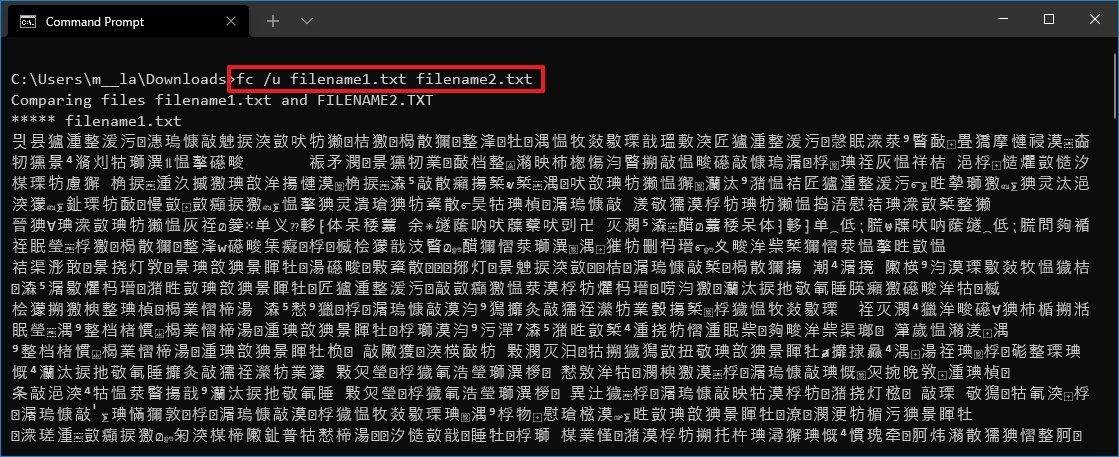 fc compare two files in Unicode mode