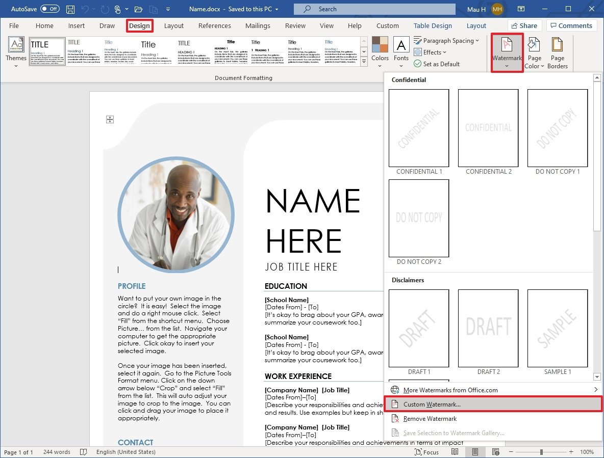 Microsoft Word custom watermark option