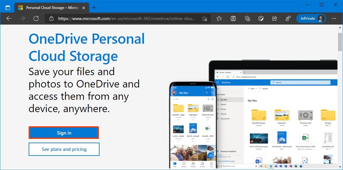 OneDrive sign in option