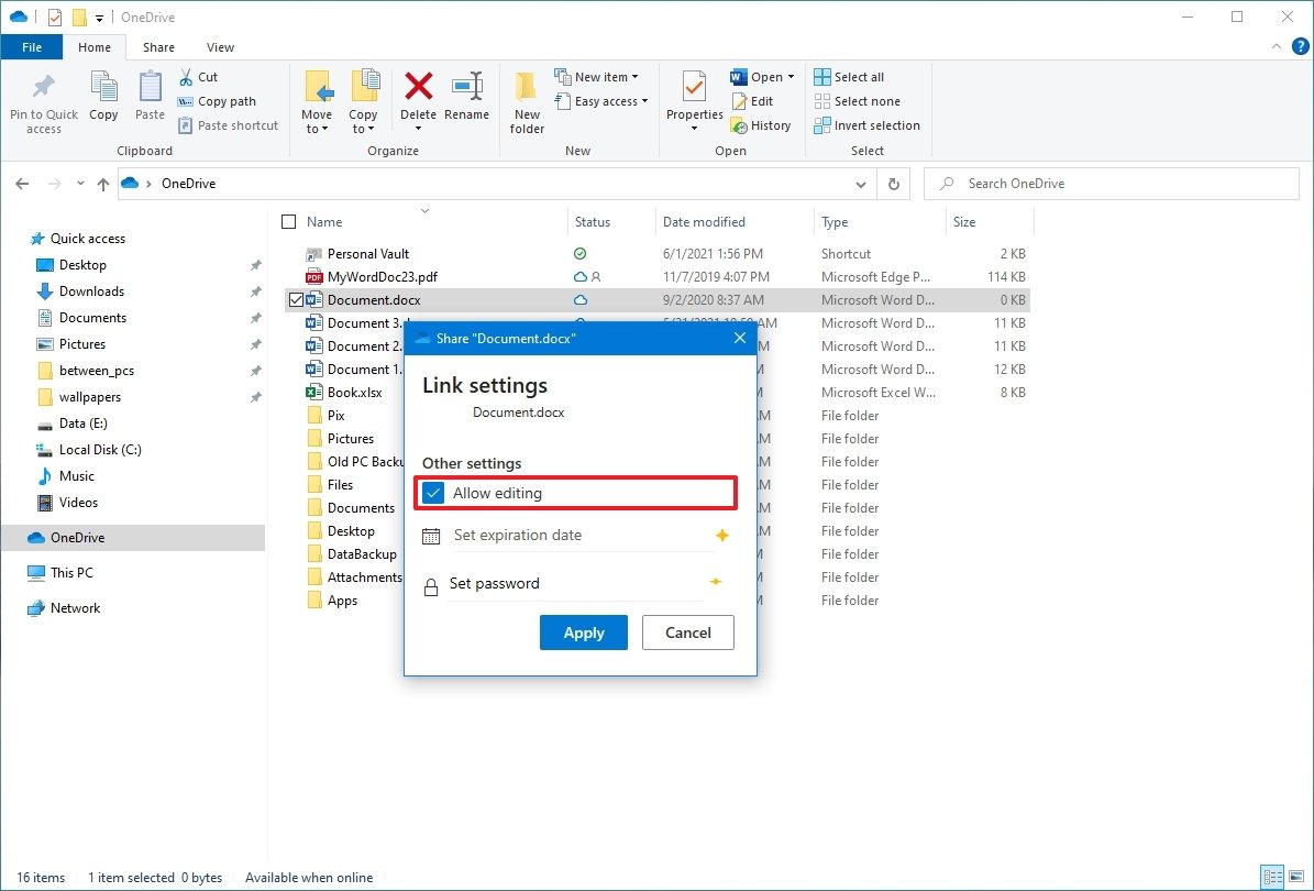 OneDrive sharing options on Windows 10