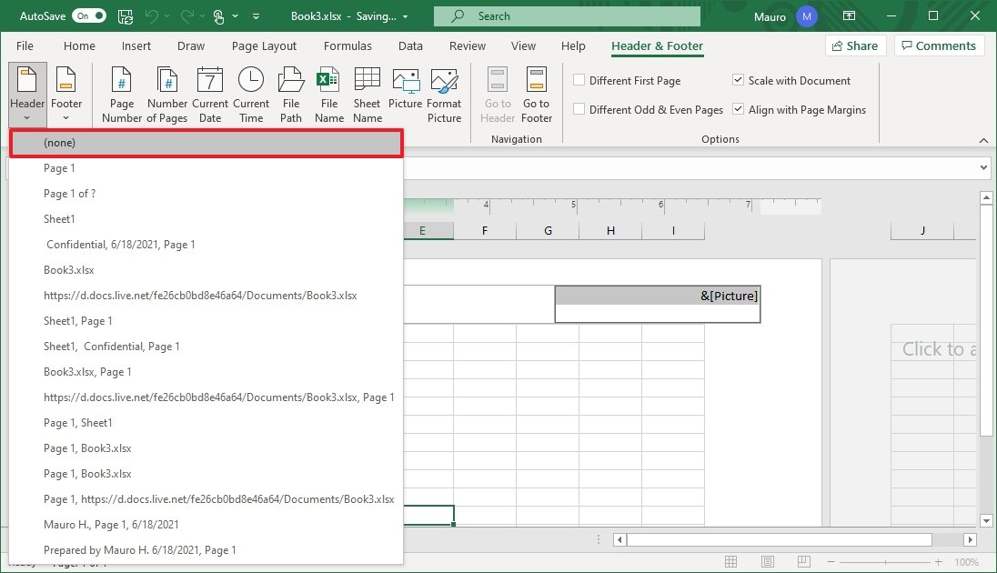 Excel remove header using Insert tab