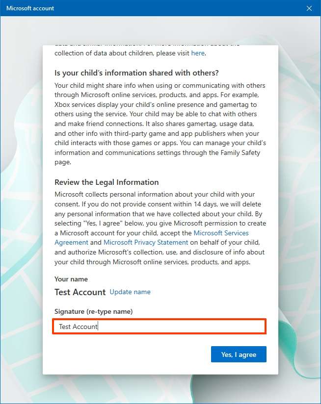 Microsoft account consent form