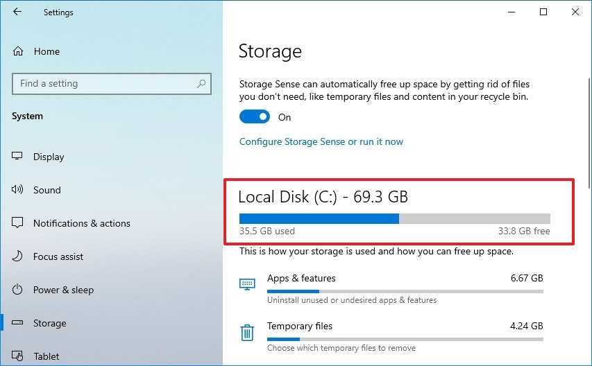 Windows 10 storage information