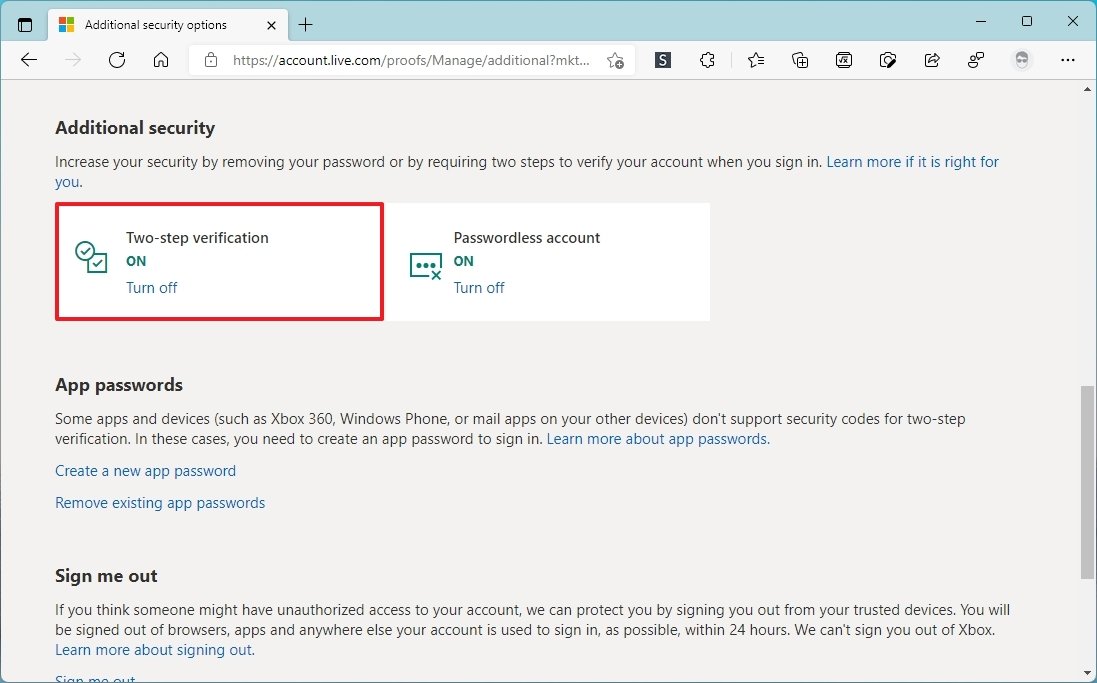 Microsoft account two-step verification disable option