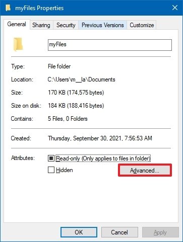 Folder properties advanced option