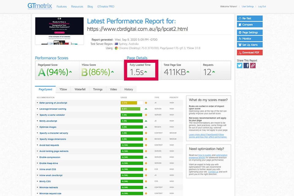 Landing Page Performance Result