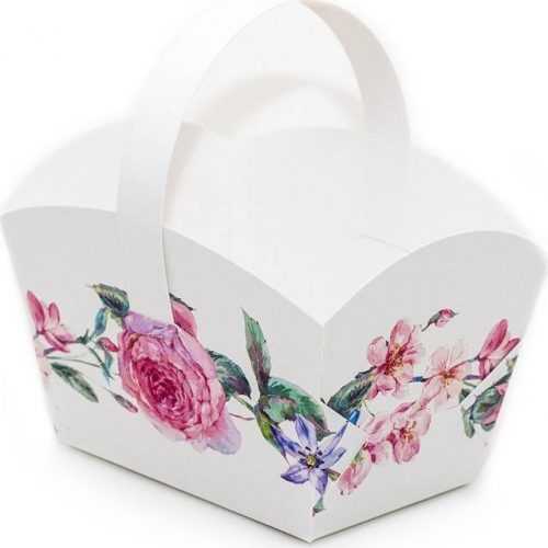 Svatební košíček na cukroví bílý s květinami (10 x 6