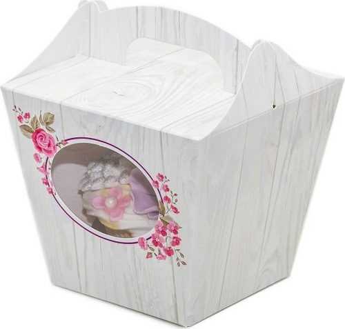 Svatební krabička na cupcake vzor dřevo s květinami (7