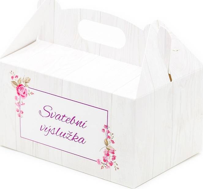 Svatební krabička na výslužku vzor dřevo s květinami a nápisem (13 x 9 x 7 cm) K33-2090-01 dortis dortis
