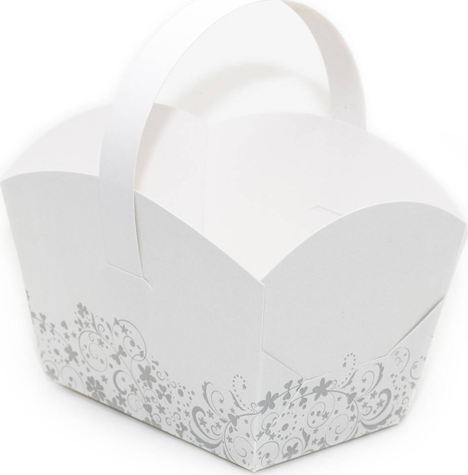Svatební košíček na cukroví bílý s šedým zdobením (10 x 6