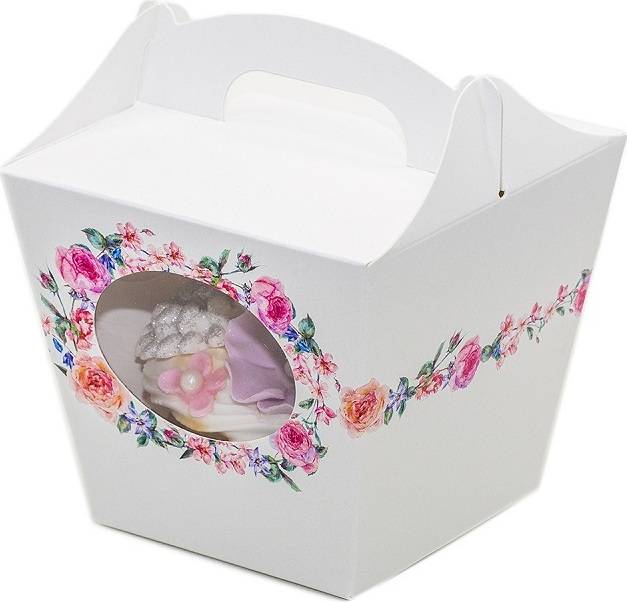 Svatební krabička na cupcake bílá s květinami (7