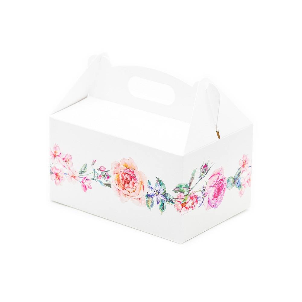 Svatební krabička na výslužku bílá s květinami (13 x 9 x 7 cm) dortis