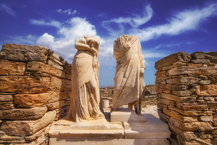 statues of marc antony and cleopatra at the house of cleopatra in delos